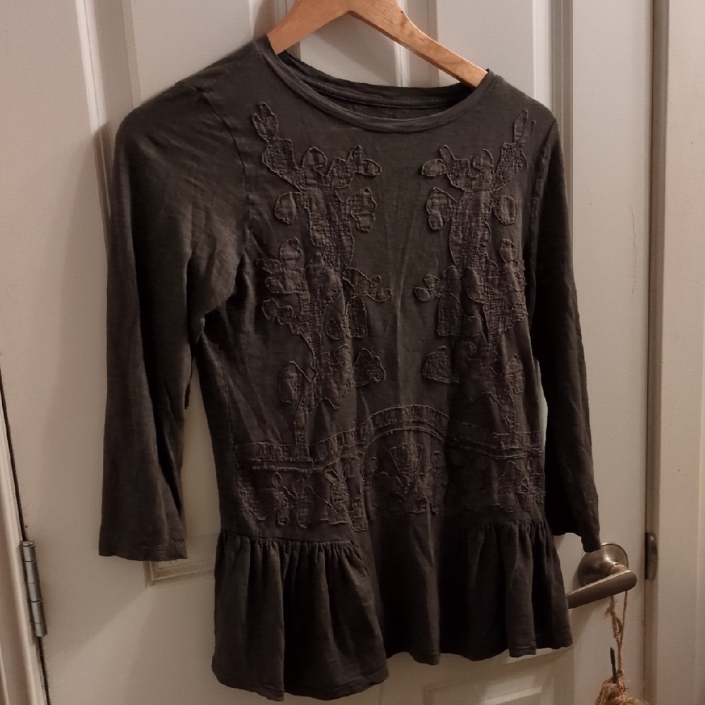 *LOFT Dark Olive Embroidered Long Sleeve Top
